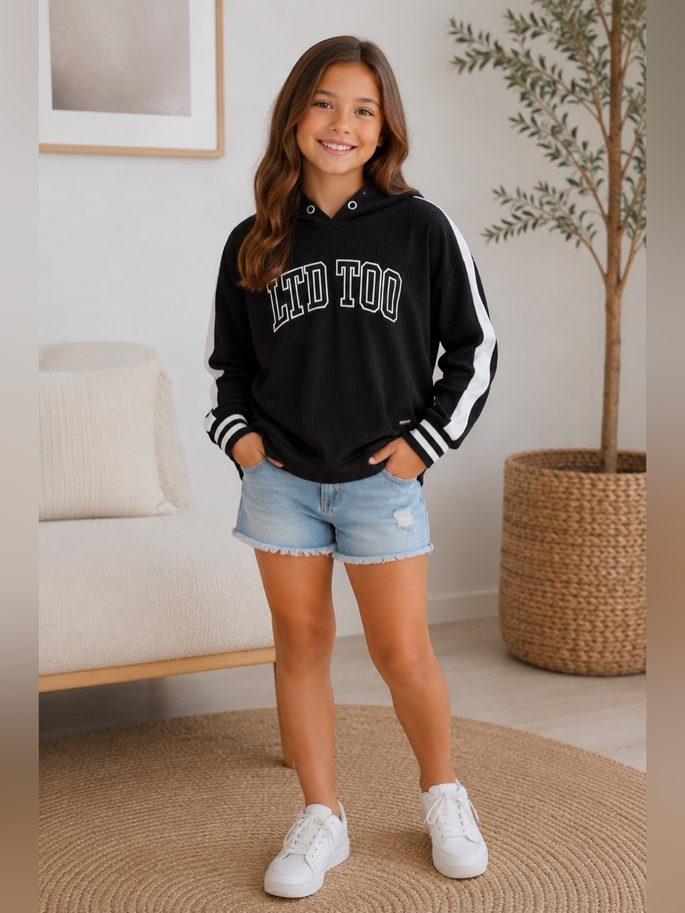 LTD TOO Black & White Girls' Hooded Sweatshirt